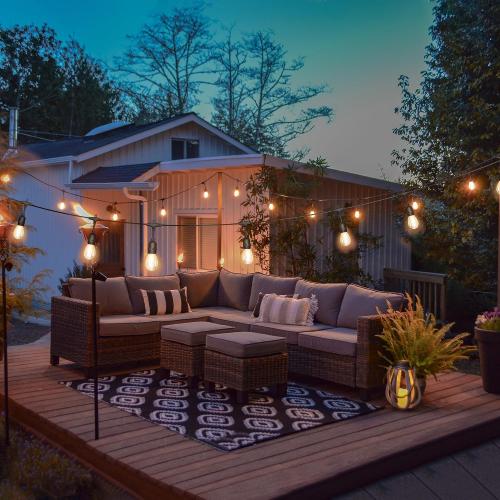 100FT Solar String Lights Outdoor Waterproof with Remote Control Solar Patio Lights 30 2 shatterproof LED E26 S14 Bulbs for Porch Garden Market Bistro Patio Backyard Fence