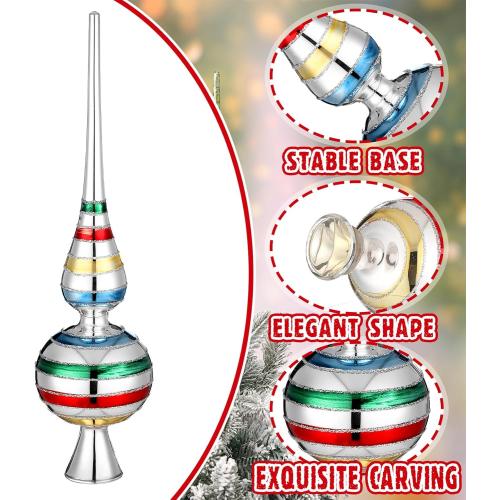Gejoy Mercury Glass Christmas Finials Tree Topper Vintage Mid Century Colorful Ornaments Retro Spherical Blown Glass Xmas Tree Topper Finials Holiday Indoor Suitable for Party Decoration, 9.8inches