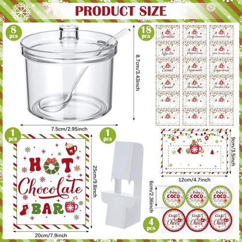 Meanplan 52 Pcs Christmas Hot Chocolate Bar Cocoa Bar Supplies 8 Acrylic Jars with Spoons 1 Hot Cocoa Stand Sign 24 Round Stickers 18 Tent Cards for Xmas Winter Party Supplies(Classic Color)