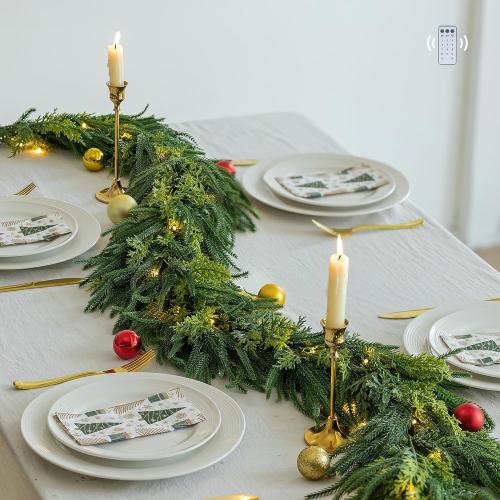NUPTIO Christmas Norfolk Pine Garland: 6Ft Artificial Pre-Lit Cedar Garland for Mantle Fireplace Table Stair - Real Touch Greenery Decorations 30 LED Lights 12-Mode with Remote Timer for Door Wall