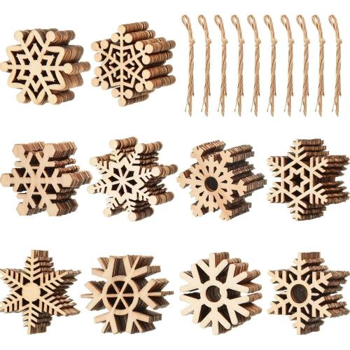 100 Pcs Christmas Unfinished Wooden Snowflake Ornaments Snowflake Hanging Cutouts Blank Wood Slices with Cord Craft Embellishments for Xmas Tree Decorations
