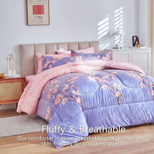 AIKASY Pink and Light Purple King Comforter Set with Sheets,Bed in a Bag 7-Pieces,Branches and Flowers Printing Design,Ultra Soft Down Alternative All Season Bedding Set(King,Blossom Stem)