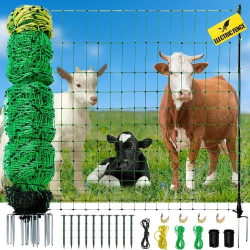 Electric Fence Netting, 164'L x 35.4 H Movable Livestock Nets for Sheep, Hogs, Cattle, PE Net Fencing Kit with 14 Posts Double Spiked, Electric Fencing for Backyards, Homesteaders, Farms Ranches