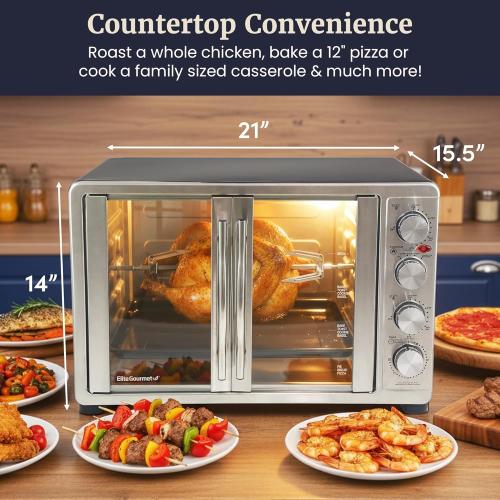 Elite Gourmet ETO-4510M French Door 47.5Qt, 18-Slice Convection Oven 4-Control Knobs, Bake Broil Toast Rotisserie Keep Warm, Includes 2 x 12 Pizza Racks, Stainless Steel