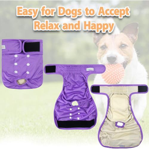 Langsprit Washable Female Dog Diapers (3 Pack) - No Leak Reusable Diapers for Doggy Female in Period - Highly Absorbent Dog Heat Panties with Adjustable Snaps (Black, Pink, Purple, XX-Large)