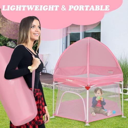 INFANS Baby Playpen with Removable Mesh & UV Canopy, 53 Portable Playhouse with Carry Bag, Dome, Padded Floor, Easy Folding Playard Activity Center (Light Pink)