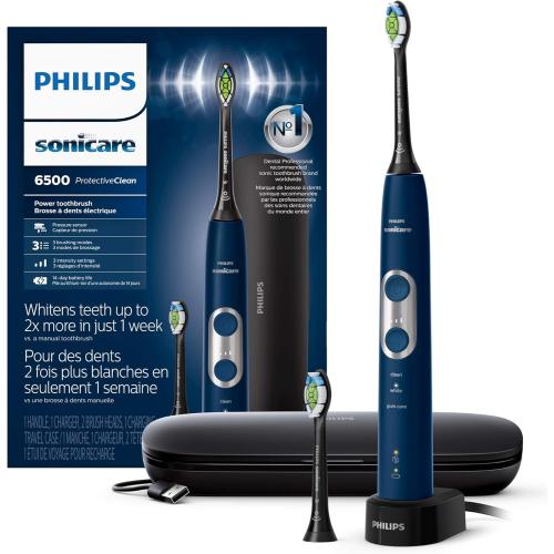 Philips Sonicare ProtectiveClean 6500 Rechargeable Electric Toothbrush, with Pressure Sensor, 3 Cleaning Modes, SmarTimer and QuadPacer, 14-Day Battery Life, Charging Travel Case, Navy Blue, HX6462/07