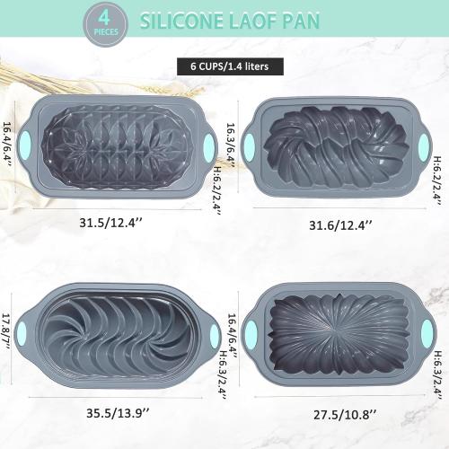 Tongjude 4 Piece Silicone Loaf Pan for Baking, Non-Stick Kitchen Oven Bread Pan, Perfect for Banana Bread, Sandwich, Pound Cake and Meatloaf, 6 Cups, Grey