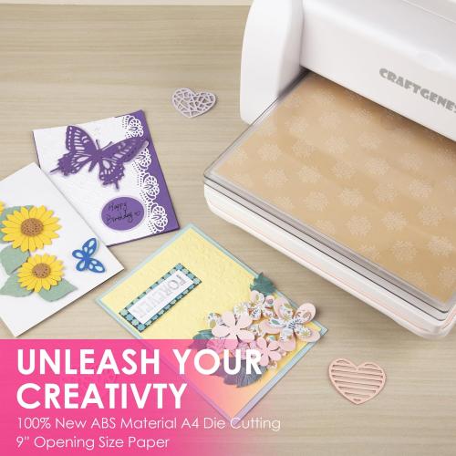 CraftGenes Manual Die Cutting Machine and Embossing Machine, 9'' Opening Size for Cardmaking, Scrapbooking, and DIY Crafts – Foldable Complete Set with A4 Die Cuts, Embossing Folders, and Plates(Pink)