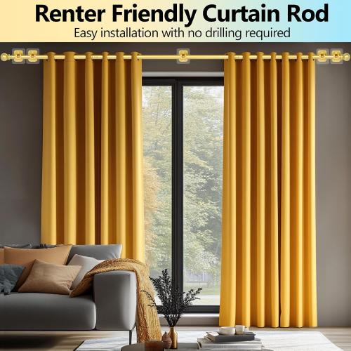 Set of 5 Size 48 to 84-96 Inch Curtain Rods No Drilling for Windows 48 to 84-96 Inch,Renter Friendly Drapey Pole with 5PCS No Drill Curtain Rod Brackets,Outdoor Long Cortineros Para Ventanas with Adhesive Curtain Rod Holder Gold