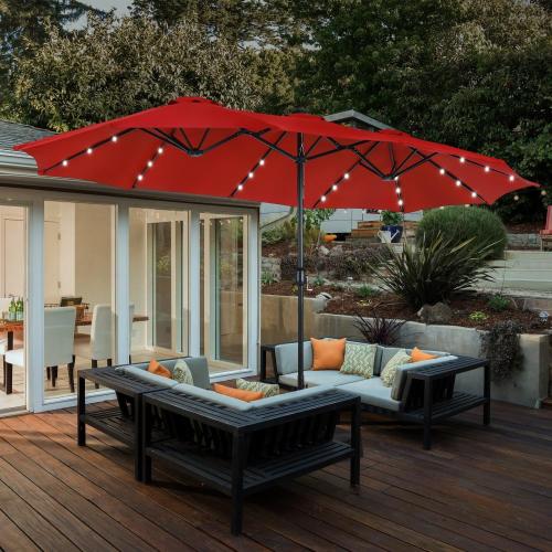 Size 15ft Patio Umbrella with Base Included Double Sided Outdoor Umbrella for Patio Table Umbrella Outdoor 36 LED Solar Lights for Garden