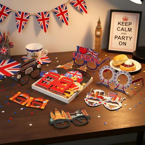 Capoda 32 Pcs British Party Decorations Favors British National Day Paper Glasses Photo Booth Props UK England Selfie Prop for London National Day Party Decorations Supplies