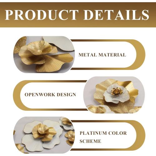 White Gold Abstract Wall Decor - Modern Metal Wall Sculptures, Large 3D Vertical 49*25 Flower Wall Decor for Living Room, Dining Room, Bedroom