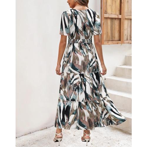 Size L ...Zattcas Womens 2025 Long Summer Dress Short Flutter Sleeve V Neck Casual Smocked Tiered Modest Floral Boho Maxi Dress