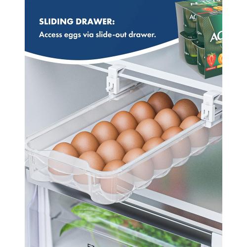 Skywin TidyFriend Refrigerator Egg Drawer 14x7.5x3.95 – Snap-On Egg Holder with Pull-Out Drawer, Holds 18 Eggs, Fits Flat Fridge Shelves 14.1–16.3 in Long and 0.93–1.32 in Thick