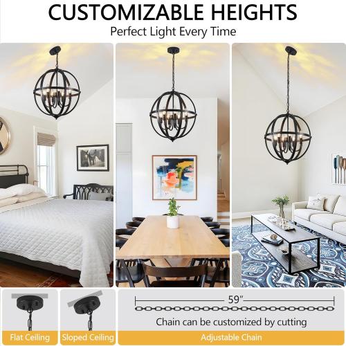 Black Orb Chandelier 6-Light, 17.12'' Small Metal Industrial Globe Pendant Light, Adjustable Hanging Ceiling Light Fixtures, Ceiling Chandelier Light for Kitchen, Dining Room, Foyer