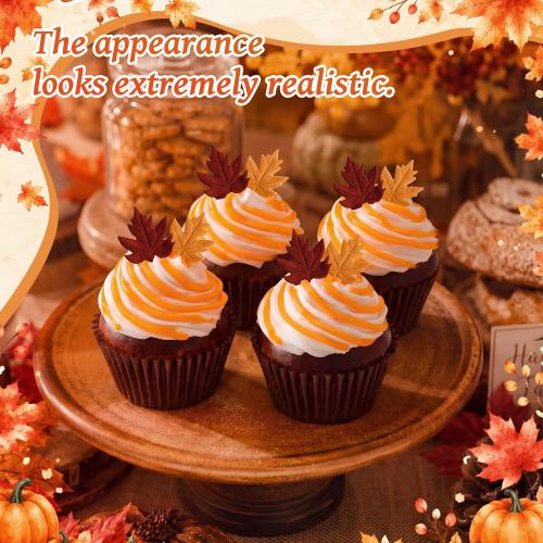 Novabright 4 Pcs Fall Fake Cupcakes Fall Tiered Tray Decor Foam Artificial Cupcakes Autumn Maple Leaf Farmhouse Decoration Thanksgiving Party Home Photography Props