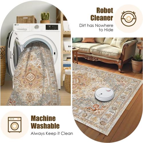 Washable Area Rug 9' x 12' Vintage Traditional Persian Mat - Foldable Distressed Non-Slip Machine Washable Carpet for Living Room Bedroom Kitchen Home Decor - Dove Gray and Coral