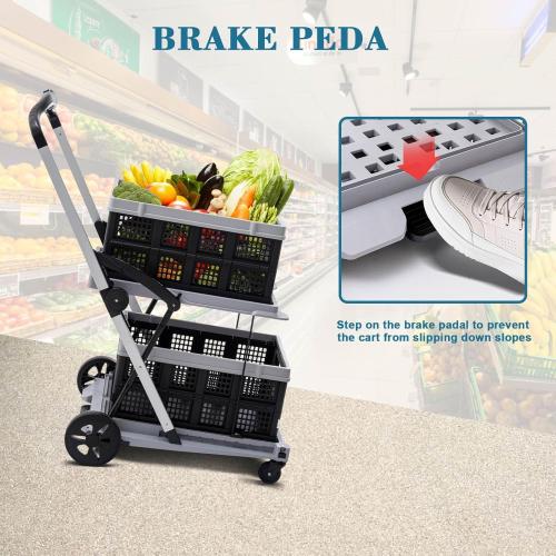 Collapsible Shopping Cart on Wheels, Folding Shopping Cart with 360° Swivel Wheels, Multi Use Utility Cart Adjustable Portable Trolley, Used for Picnic, Supermarket, Gray