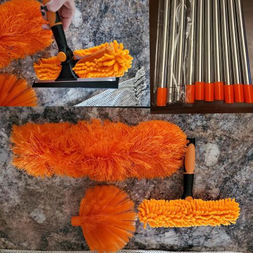 Orange 20  Feet High Reach Duster Kit with 3-14 ft Extension Pole // High Ceiling Dusting and Window Cleaning Kit with Spliceable Pole - Window Washer & Squeegee, Cobweb Duster, Fan Blade and Feather Dusters