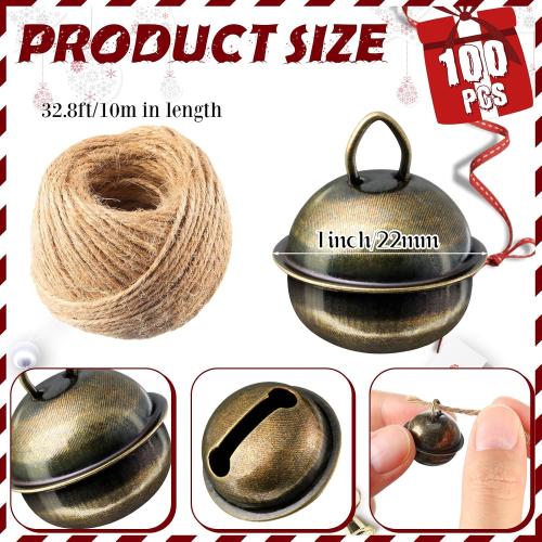 Hicarer 100 Pcs Christmas 1 Inch Bronze Jingle Bell for Craft with 32.8 ft Flax Rope Antique Decorative Tone Copper Bells Hanging Brass Decor for Xmas Tree Craft Decoration DIY Pet Dog Cat Pendants