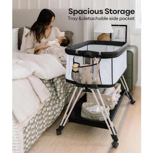 Fodoss Baby Bassinet Bedside Sleeper with Wheels and Storage Tray,4-Sided Mesh Bedside Bassinet for Infant/Newborn,7 Height Adjustable Easy Folding Bedside Crib