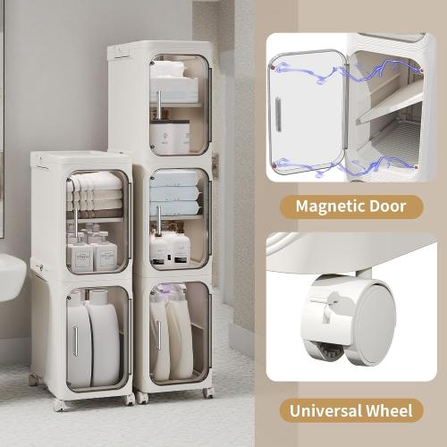 WHITE 4-Tier Tall Narrow Storage Cabinet, Slim Bathroom Storage Cabinet with Adjustable Shelves and Wheels, Narrow Organizer for Small Space, Bathroom, Kitchen, Laundry