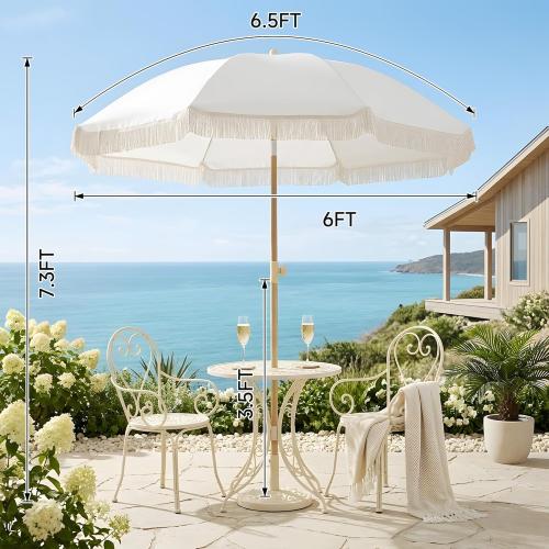 6.5FT Boho Patio Umberlla with Fringe,UPF50  Outdoor Umbrella with Fiberglass Ribs and Push Button Tilt,Tassels Umbrella for Beach,Terrace,Picnic