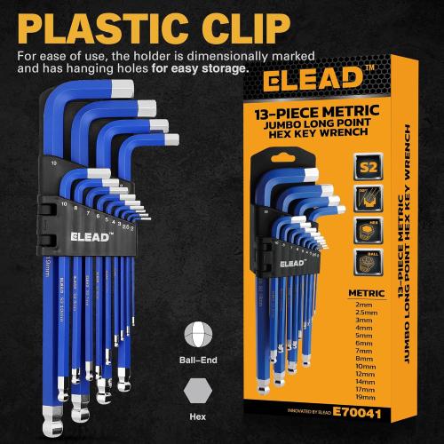 ELEAD Jumbo Hex Key Allen Wrench Set | 13-Piece Metric 2-19mm | Long Ball End Durable S2 | Automotive | Mechanic | Furniture | Professional Grade Tools