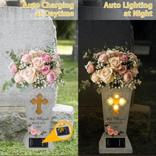 DAMEING Cemetery Vase for Grave, Cemetery Decorations for Grave, Solar Lights Cross Grave Flower Vases for Cemetery, Tomb Decoration Memorial Gift for Lost Loved One