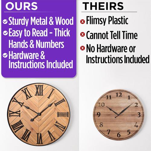 Large Wall Clock 24 Round - Silent Metal & Wood Large Farmhouse Wall Clock For Living Room Decor with 3D Roman Numerals - No Ticking - Noiseless Big Wood Decorative Clocks for Living Room Decor