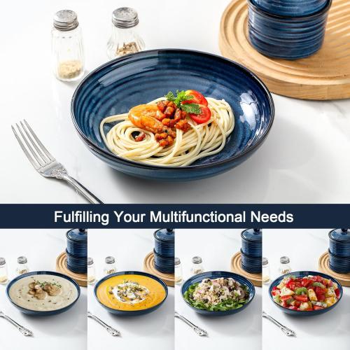 HASENSE Pasta Bowls, Ceramic Serving Bowls Set of 6 Serving Dishes for Salad, Pasta, Soup, Fruit - Blue Dinner Plate Bowls for Home Gift, Dishwasher & Microwave Safe