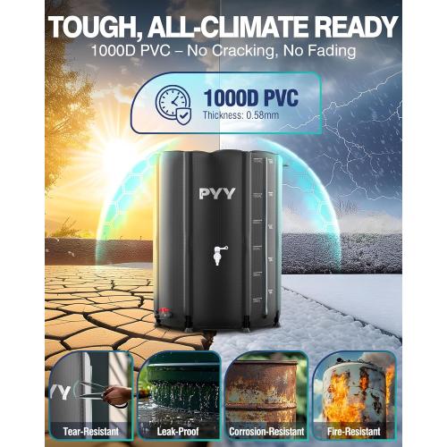 PYY Rain Water Collection Barrel - 132 Gallon Black Water Storage Tank with Spigot, Hose and Portable Bucket, Large Plastic Collapsible Rain Catcher Catchment System to Collect Rainwater from Gutter