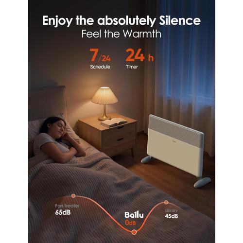 Ballu Convection Panel Space Heater for Large Room,1500W Electric Heater with Programmable Thermostat,WiFi App Control,Standing or Wall Mount,Smart Quiet Heater for Indoor Use,Works with Alexa,White