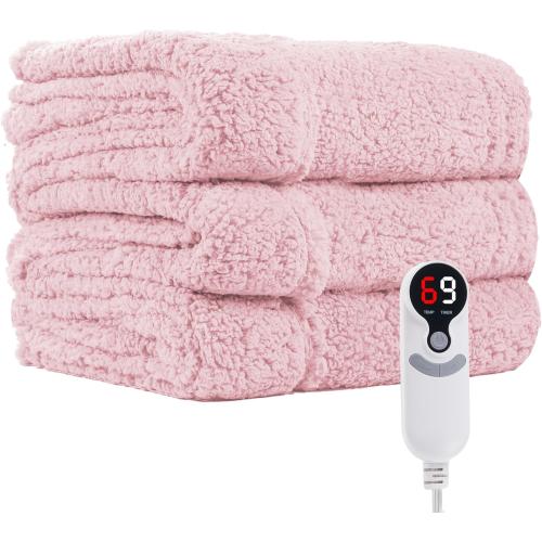 Electric Heated Blanket Full Size 72×84 with 9 Heating Levels & 1-10Hs Auto Off，Double Sided Plush Sherpa, Energy Efficient, Machine Washable, for Couch & Bed, Light Pink