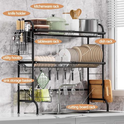 32.3 - 33.9(L) x 11.4(W) x 32.3(H) Black MOUKABAL Dish Drying Rack - Stainless Steel Over The Sink Dish Drying Rack (Expandable Length), 2 Tier Large Dish Rack with Utensil Holder, 32.3 - 33.9(L) x 11.4(W) x 32.3(H) Black