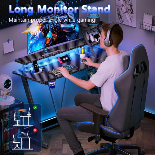 40 Inch Black Carbon Fiber Gaming Desk with LED Lights & Power Outlet, Small Gaming Computer Desk with Storage Shelves, L Shaped Gamer Workstations with Monitor Stand for Bedroom
