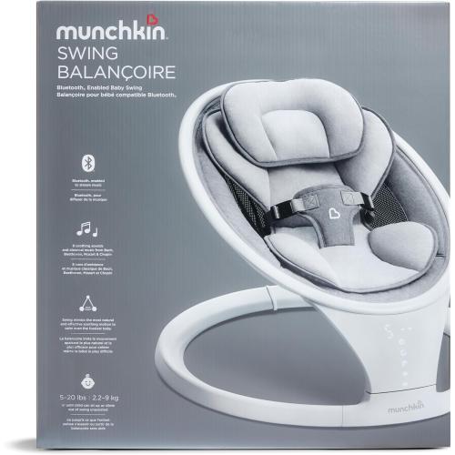 Munchkin Electric Baby Swing, Portable and Lightweight, Bluetooth Enabled Infant Rocker with Natural Sway in 5 Ranges of Motion, Newborn Nursery Essentials, White/Grey