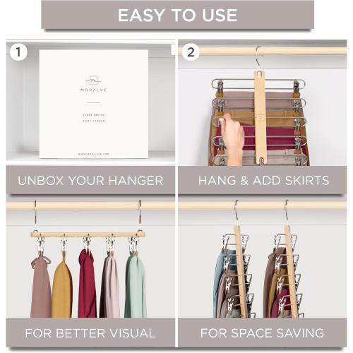 MORALVE Skirt Hangers Space Saving with Clips - 2 Pack - European Beechwood 5-Tier Hanger for Shorts, Skirts, and Pants - Closet Organizer and Storage Solution for Women with 360° Swivel Hook
