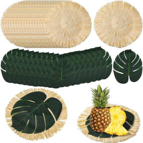 36pcs Luau Placemats and Palm Placemat, Round Luau Fringe Place Mats Tropical Palm Leaf Place Mats Bulk Summer Hawaiian Plate Chargers Table Placemats Tropical Party Supplies‼️Missing Hawaiian Plate Chargers Table Placemats Tropical Party Supplies‼️