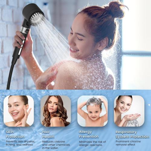 Color Black Filtered Shower Head with Handheld, High Pressure 3 Spray Mode Showerhead with 18 Stage Water Softener Filters for Hard Water - Remove Chlorine-BLACK