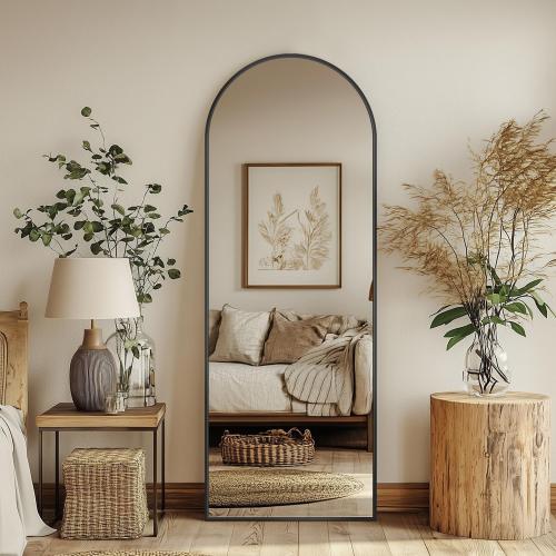 Antok 56 x14” Arched Full Length Floor Mirror, Black Aluminum Frame, Free Standing/Wall Mount/Leaning for Bedroom, Living Room, Dressing Room