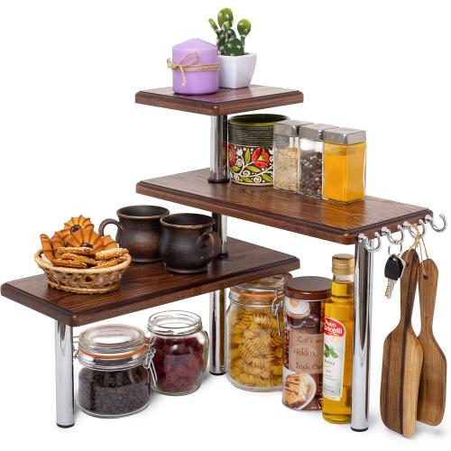 TESLYAR Countertop Organizer – 3 Tier Corner Desk Shelf | Solid Wood Kitchen Shelf for Counter Organization | Space-Saving Countertop for Kitchen, Office, Living Room