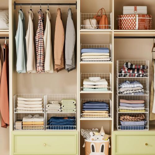 Yociyoga 4-Tier Stackable Closet Organizers and Storage Basket, Foldable Closet Shelf Organizer System, Space-Saving Clothes Storage Drawer Organizer for Wardrobe, White (Patent 30022416)