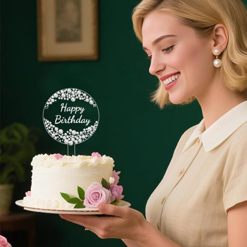 Coucoland Birthday Cake Topper - Round Acrylic Cake Decor with Sparkling Rhinestones and Pearls for Party Supplies