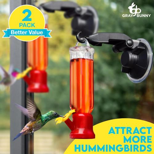Gray Bunny Window Hummingbird Feeder with Strong Suction Cups Hangers (2 Pack) Small Plastic Humming Birds Feeders for Outside, New Leak-Proof Design, Gifts for Mom, Dad, Bird Lovers