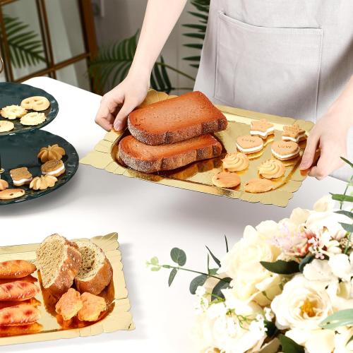 Honeydak 4 Pcs Gold Rectangle Serving Trays Heavy Duty Disposable Paper Cardboard Serving Platter for Food Tea Fruit Trays Cupcake Display Dessert Table Decorations Birthday Party Supplies
