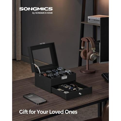 SONGMICS Watch Box, 8-Slot Watch Case Organizer with Large Glass Lid, 2 Layers, Removable Pillows, Metal Lock, Gift for Loved Ones, Black Synthetic Leather, Christmas Gift, Black Lining UJWB080B01