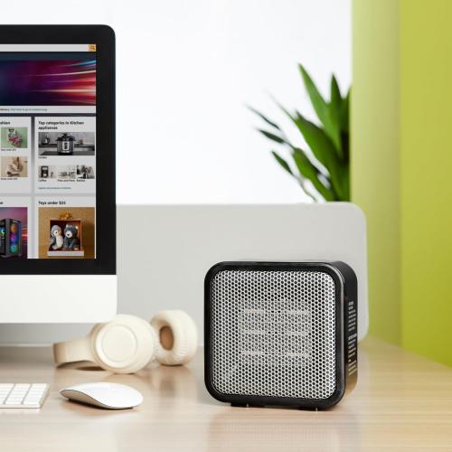Amazon Basics Ceramic Space Heater, Mini Heater for Office Desk, Portable Tent Heater (Indoor Use), 500 W, With Tip-Over Protection, Lightweight (1.4 LBS), Black, 5.87”D x 3.15”W x 5.95”H