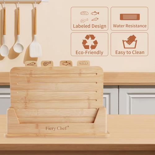 12.6L x 9W Bamboo Cutting Board Set of 4 - Wood Cutting Board Set with Holder, Chopping Boards Set with Food Icons, Juice Groove - Ideal for Meat, Fish, Bread, Vegetable, Fruit Chopping